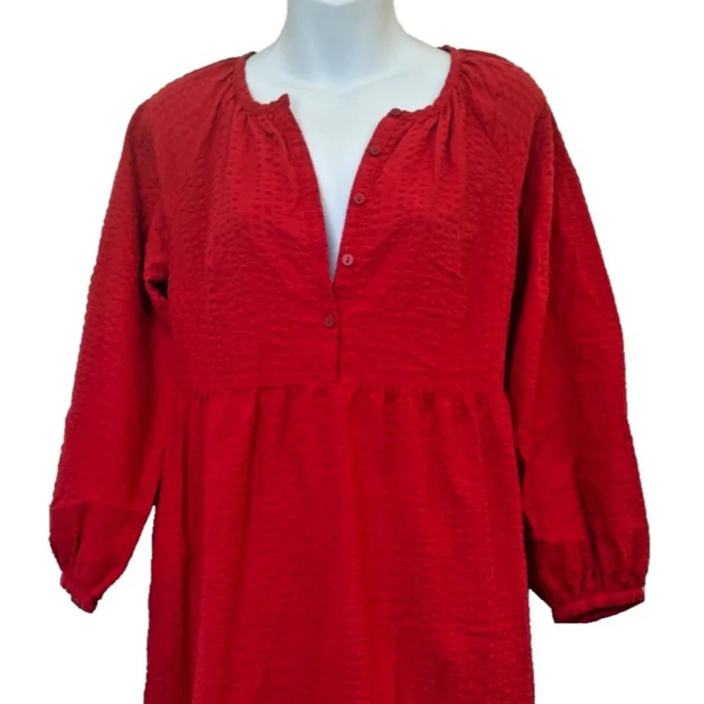 Old Navy Maxi Dress Sz XS Red Peasant Seersucker Long Sleeve Tiered Empire Waist - Picture 3 of 7
